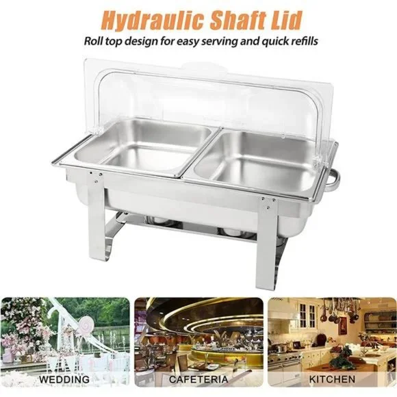 Roll Top Chafing Dish Chafers Stainless Steel Buffet Warmer Set, Rectangular